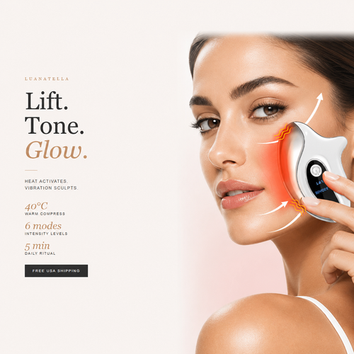 Woman using LuAnatella Electric Gua Sha on jawline for facial sculpting and lymphatic drainage